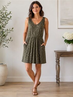 Boden Womens US 4 Olive Green Gold Polka Dot Jersey Pocket Dress Modal Cotton